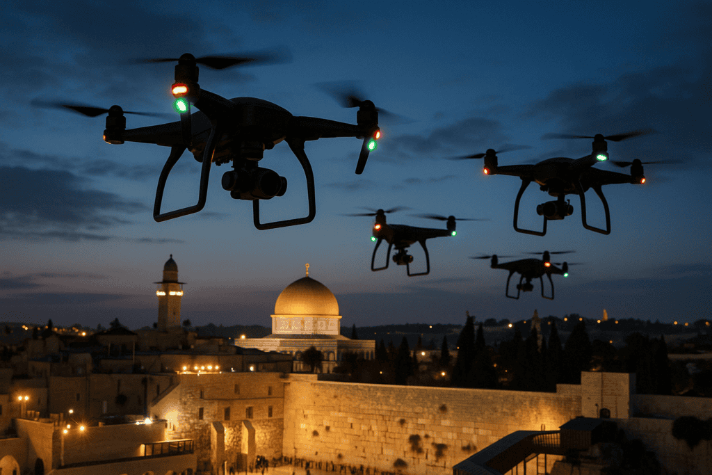 ארבעה רחפנים עם אורות ירוק-אדום מרחפים מעל ירושלים, ברקע כיפת הסלע וחומות העיר העתיקה