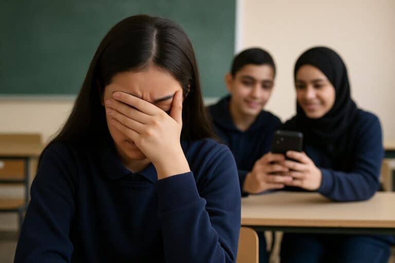 נערה יושבת לבדה בכיתה, מבוישת, כשמסביבה טלפונים מצלמים ומפיצים – הדמיה לתופעת שיימינג בחברה הערבית