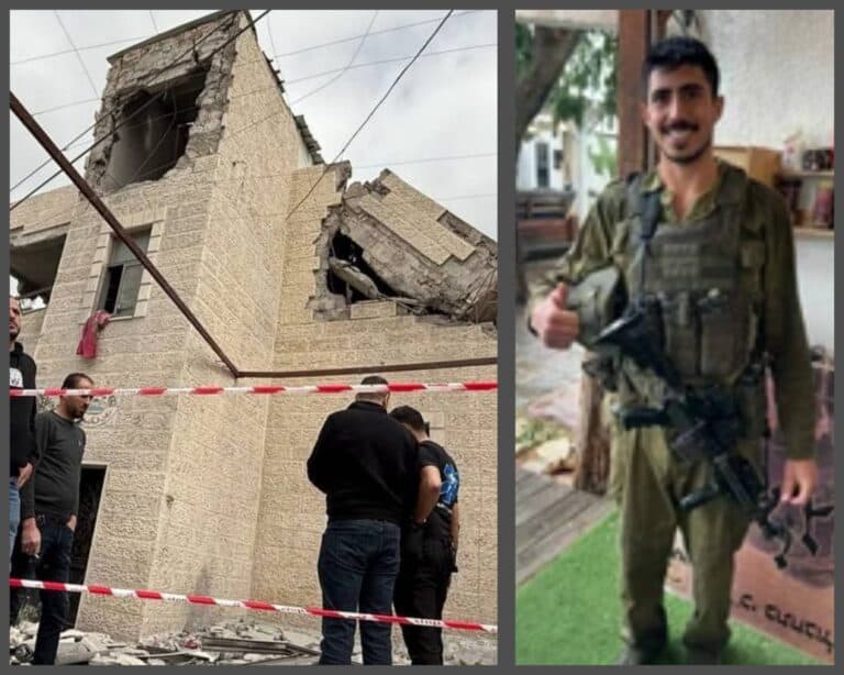צד שמאל: בית המחבל מוג'אהד מנסור בכפר דיר איבזיע לאחר שהופצץ על ידי צה"ל, עם הריסות וקהל מתבונן; צד ימין: רס"ל עילי גרפינקל ז"ל, לוחם דובדבן, במדי צה"ל מחייך למצלמה