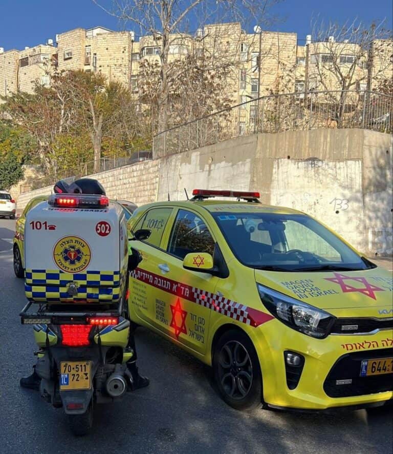 אילוסטרציה – רכב ואופנוע של מד״א בזירת חירום בירושלים בשעות היום