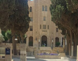The iconic Jerusalem YMCA building facade, a historic landmark and symbol of coexistence in the city.