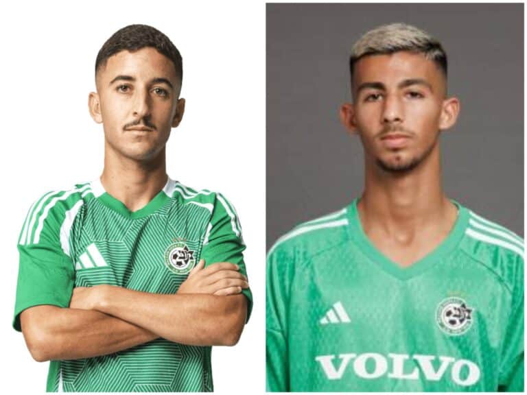 Ziv Ben Shimol (left) and Yarin Levi (right) in Maccabi Haifa jerseys before signing with Beitar Jerusalem