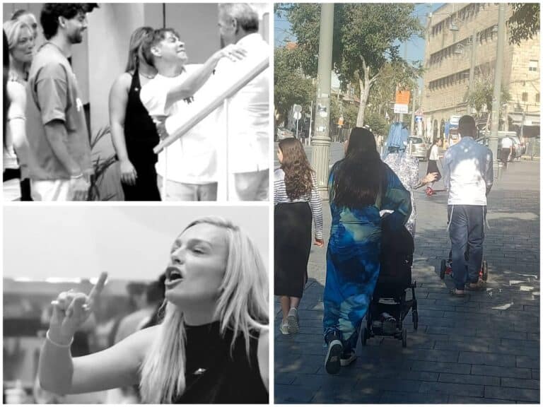 A group of Big Brother Israel contestants shown in a dramatic reality TV scene, contrasted with the media-free lives of ultra-Orthodox children in Jerusalem