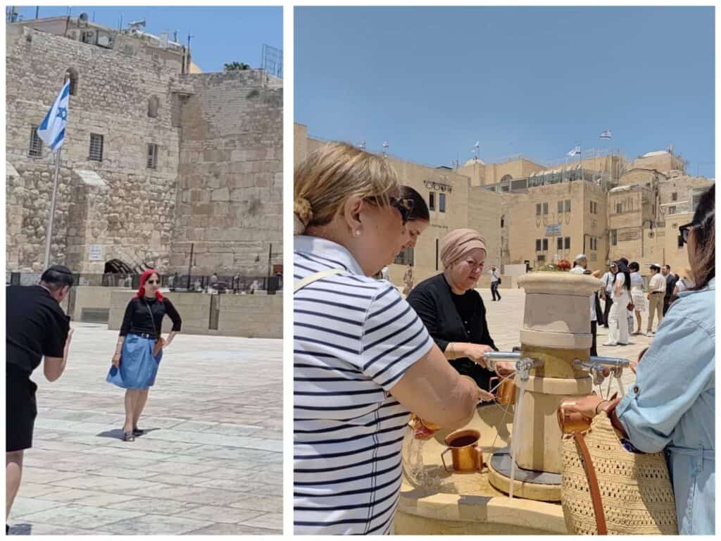 Women returning to the Western Wall plaza in Jerusalem after the Iran war, washing hands and taking photos