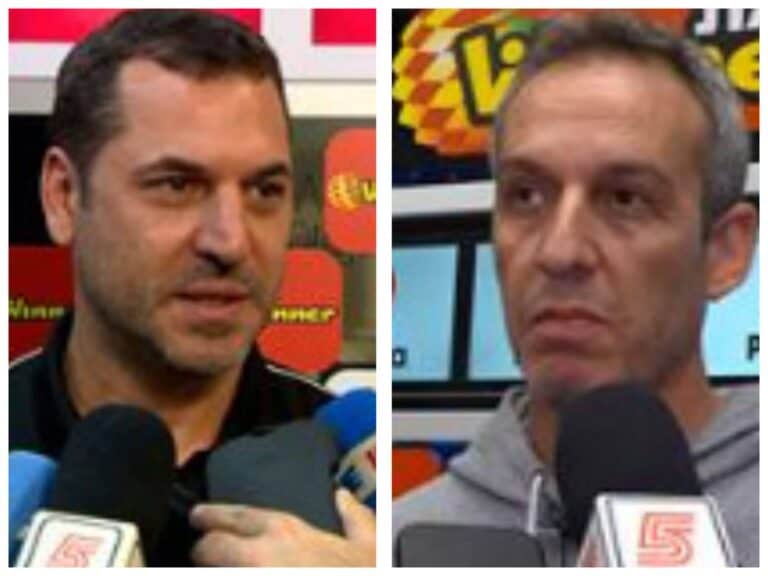 Maccabi Tel Aviv coach Oded Katash and Hapoel Jerusalem coach Yonatan Alon stand courtside during a basketball game, likely during the Winner League Finals