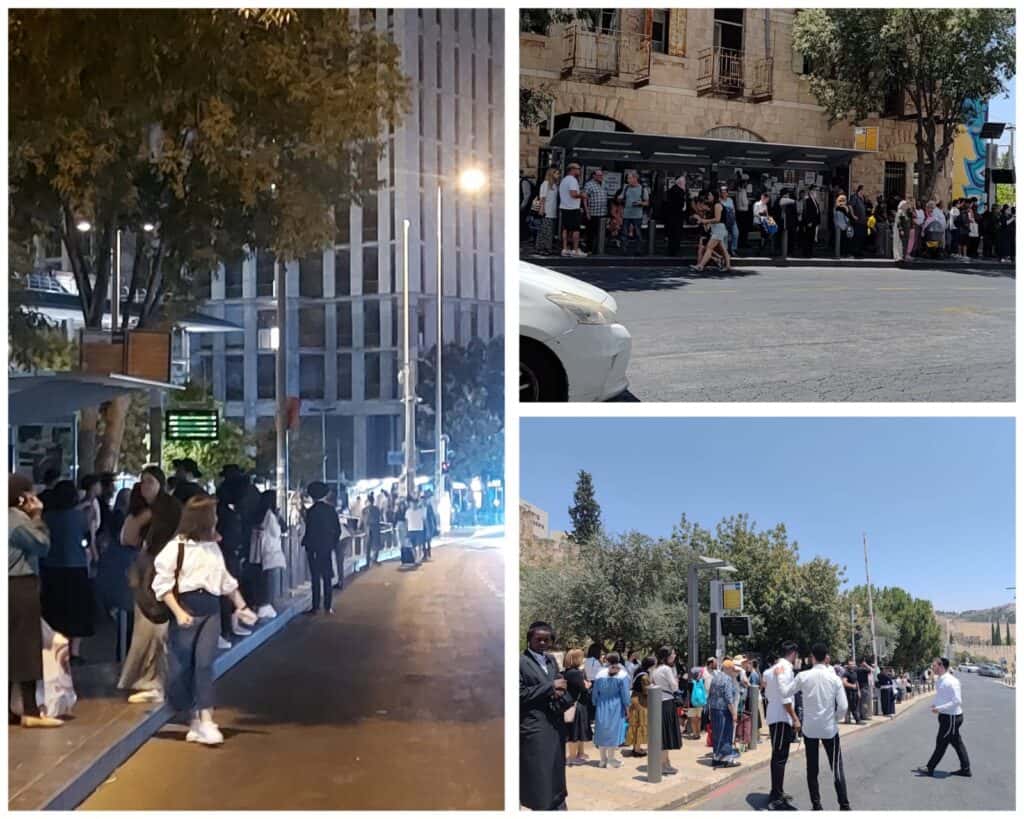 Jerusalem commuters waiting for public transportation in overcrowded, sweltering conditions he