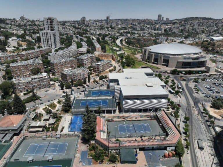 Aerial view of Jerusalem’s new tennis center in Malha – part of the expanding national sports district