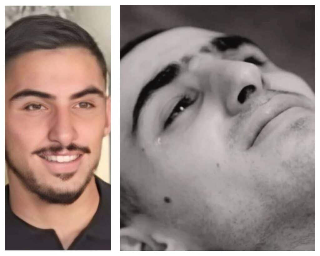 Side-by-side images of Rom Breslavski before and during captivity — a human face caught between life and death, symbolizing global apathy en