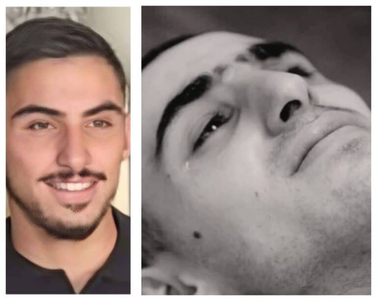 Side-by-side images of Rom Breslavski before and during captivity — a human face caught between life and death, symbolizing global apathy en