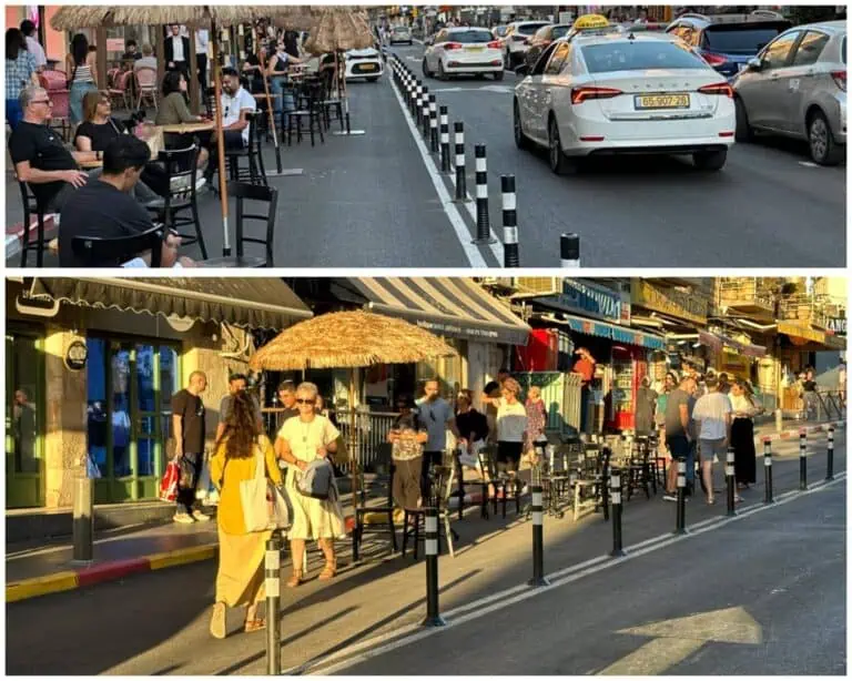 Kawasan pejalan kaki di Baitulmaqdis berhampiran Pasar Mahane Yehuda, orang ramai berjalan bebas dan kafe terbuka ke jalan