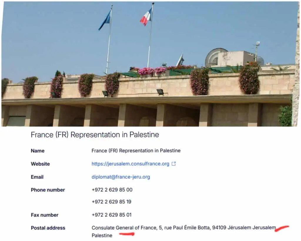 Konsulat Perancis di Baitulmaqdis dipaparkan di laman EU rasmi sebagai berada di Palestin