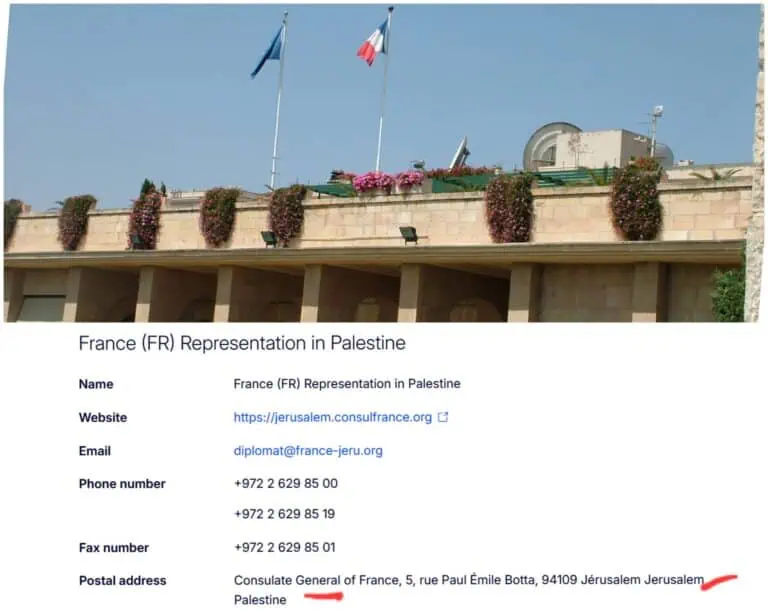 Konsulat Perancis di Baitulmaqdis dipaparkan di laman EU rasmi sebagai berada di Palestin