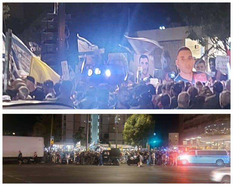 מחאת החטופים בכיכר פריז בירושלים – מפגינים מול המשטרה עם קריאות לסירוב גיוס ולדיון ציבורי על גורל החטופים בעזה