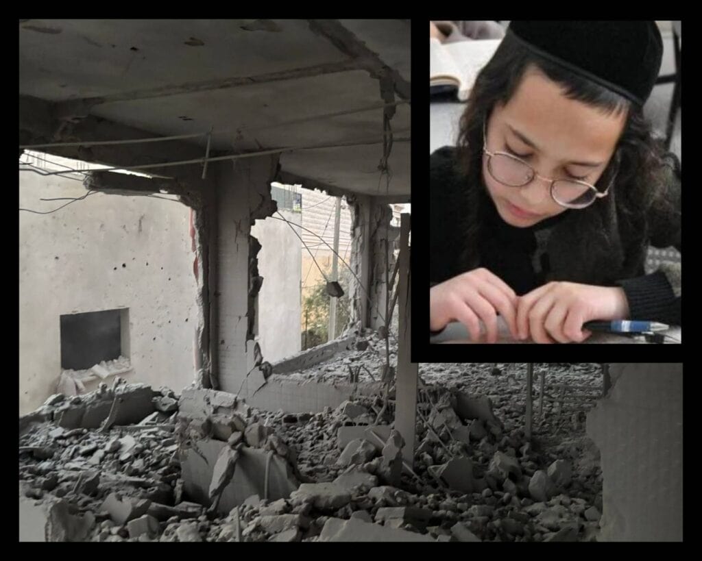 Footage of the demolition of the terrorist’s house near Hebron alongside the portrait of 12-year-old Yehoshua Simcha from Jerusalem