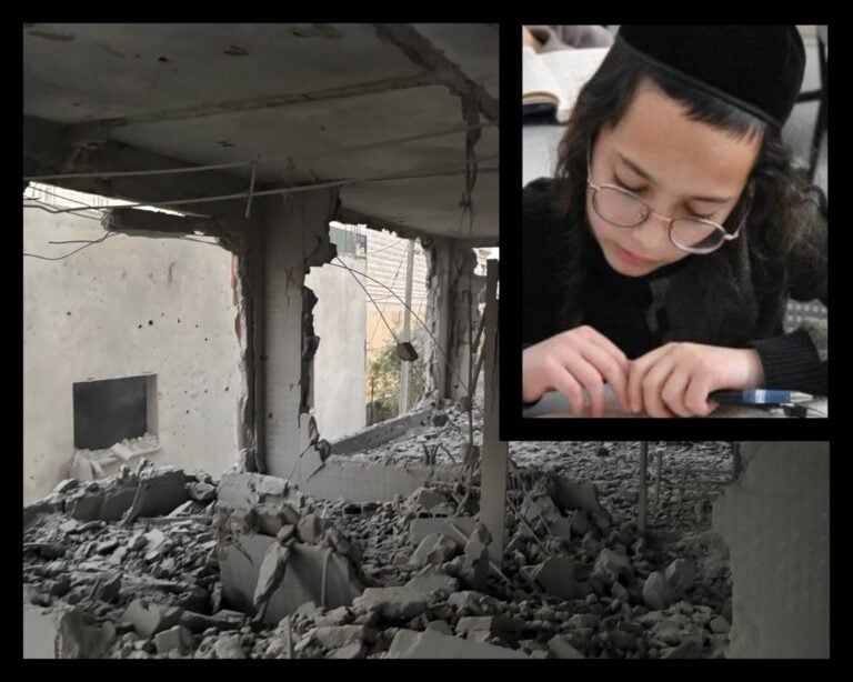 Footage of the demolition of the terrorist’s house near Hebron alongside the portrait of 12-year-old Yehoshua Simcha from Jerusalem