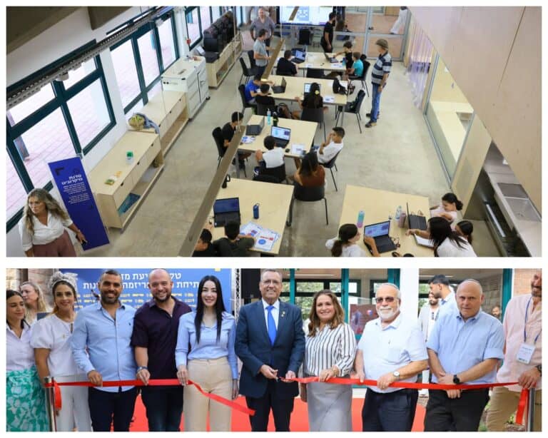 Students at the Prisma innovation center in Jerusalem exploring advanced technologies, alongside the ribbon-cutting ceremony led by Mayor Moshe Lion and city officials