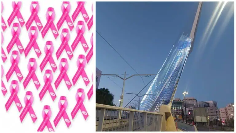 Reben merah jambu untuk kesedaran kanser payudara di Baitulmaqdis berhampiran Jambatan Chords