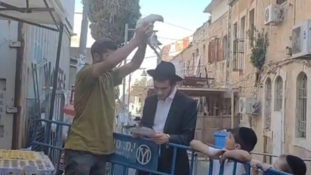 Lelaki memegang ayam dalam ritual kapparot di kawasan religius Baitulmaqdis