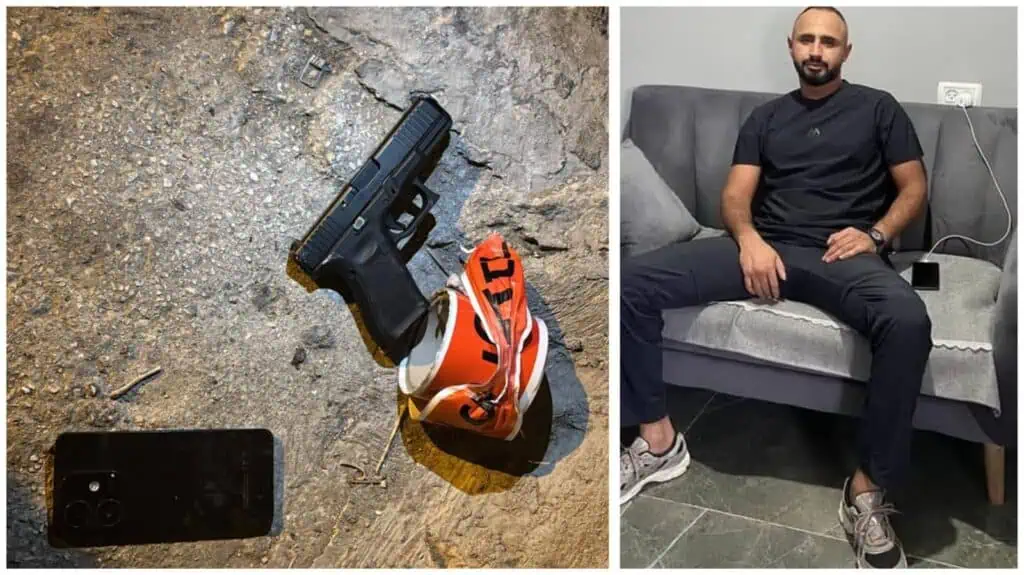 Pistol yang dirampas di lokasi Silwan bersama barangan peribadi, serta lelaki yang ditahan polis di Baitulmaqdis Timur