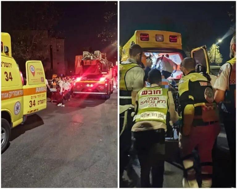 यरुशलम की त्स्वी ग्रेट्ज़ स्ट्रीट पर धुएं से प्रभावित लोगों को निकालते हुए रेस्क्यू टीमें