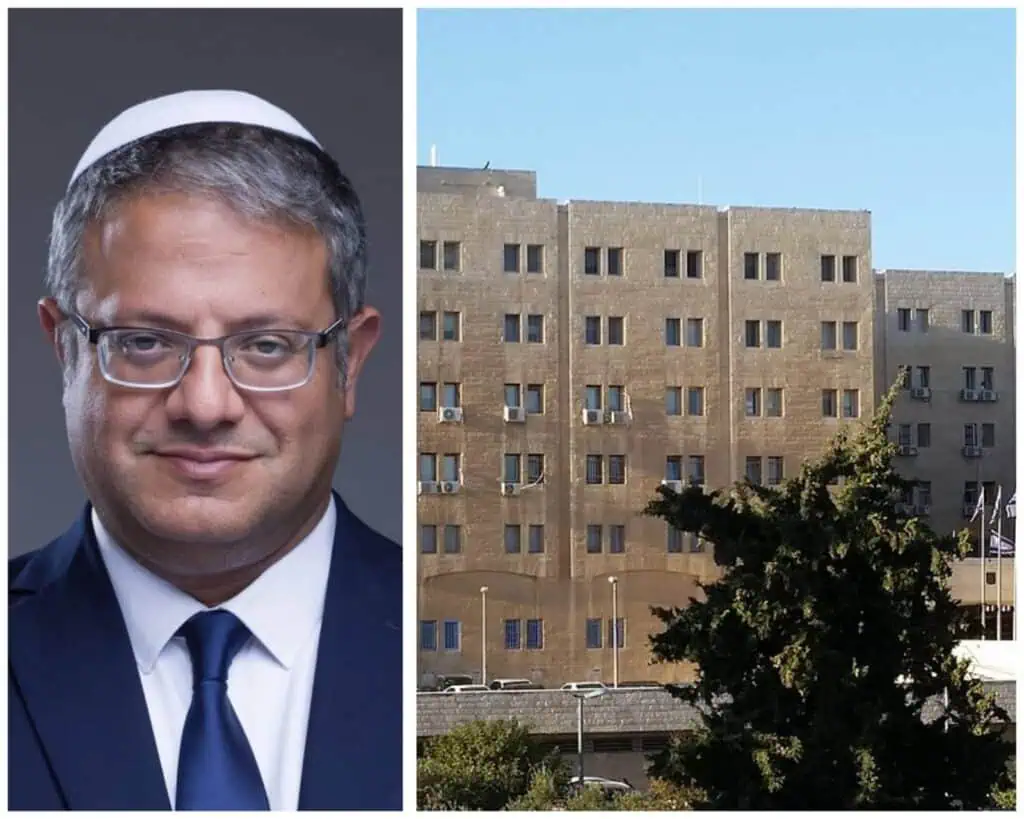 इजरायल के राष्ट्रीय सुरक्षा मंत्री इतामार बिन गविर और जेरूसलम में उनके मंत्रालय की इमारत